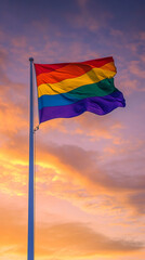 Rainbow flag waving in the wind with vibrant colors, set against a colorful sky at sunset, symbolizing LGBTQ+ pride, unity, and inclusivity.