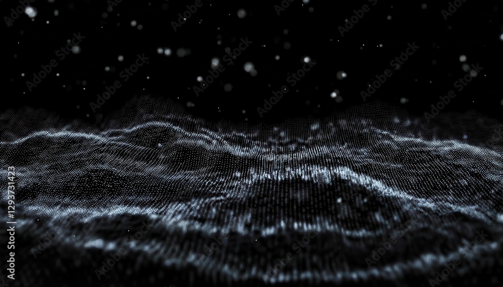 Poster abstract digital landscape with flowing waves of particles on a dark background, suitable for creati