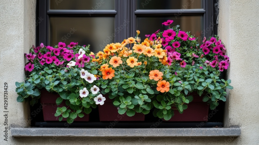 Poster A vibrant window box overflowing with diverse blooms