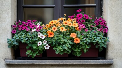 A vibrant window box overflowing with diverse blooms