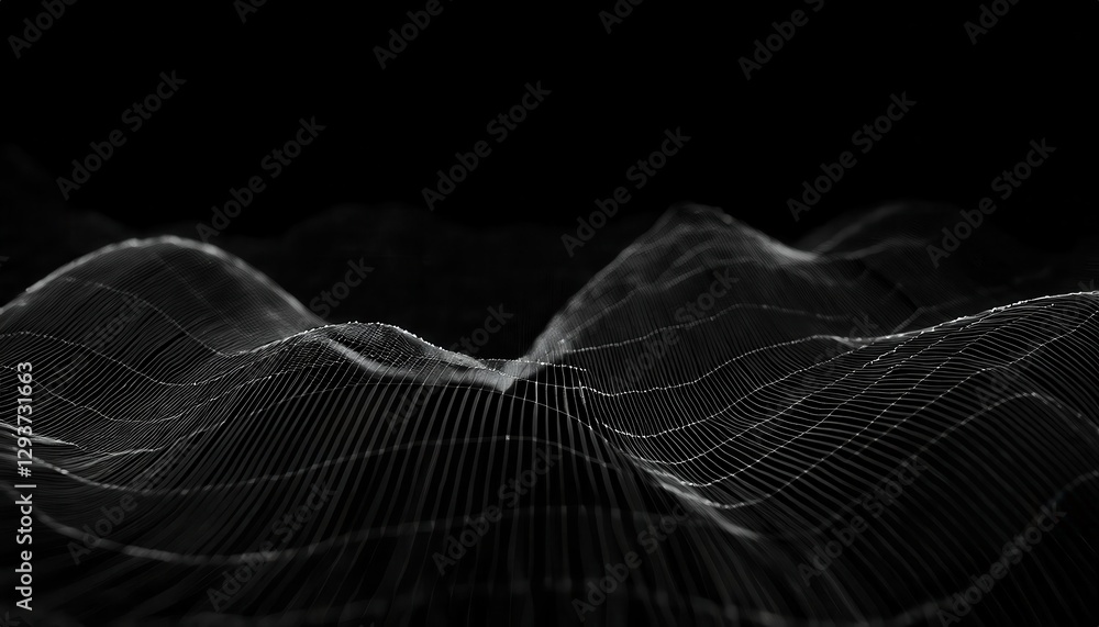Poster abstract 3d grid network surface in black and white with connected nodes, visualizing data flow and technology