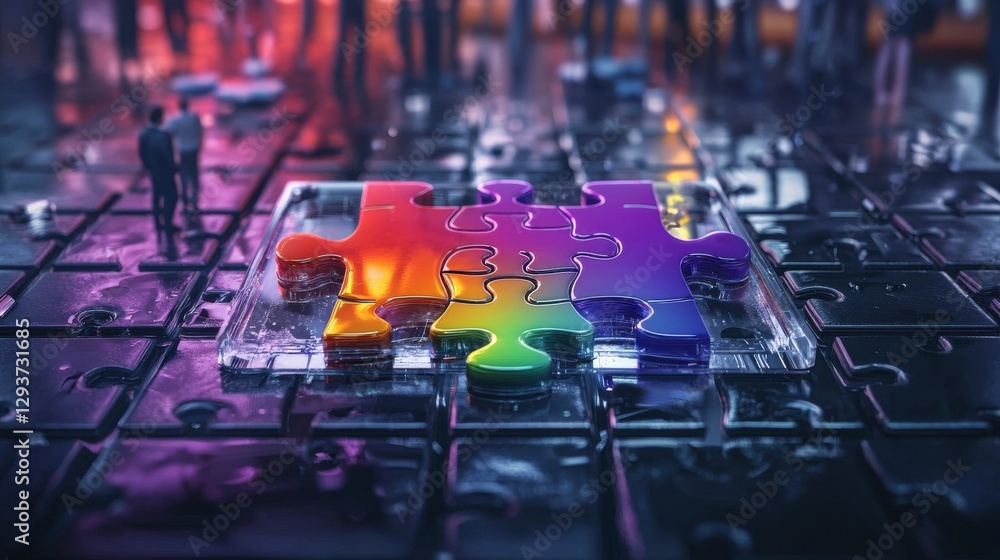 Poster multicolored puzzle like electronic circuit board with a rainbow of colors and intricate interconnec