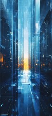 Fototapeta premium Futuristic glass cityscape with bright light at the end of the corridor