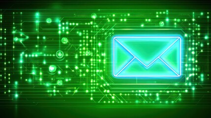 Glowing email icon on digital circuit board; network background; data transfer; tech marketing