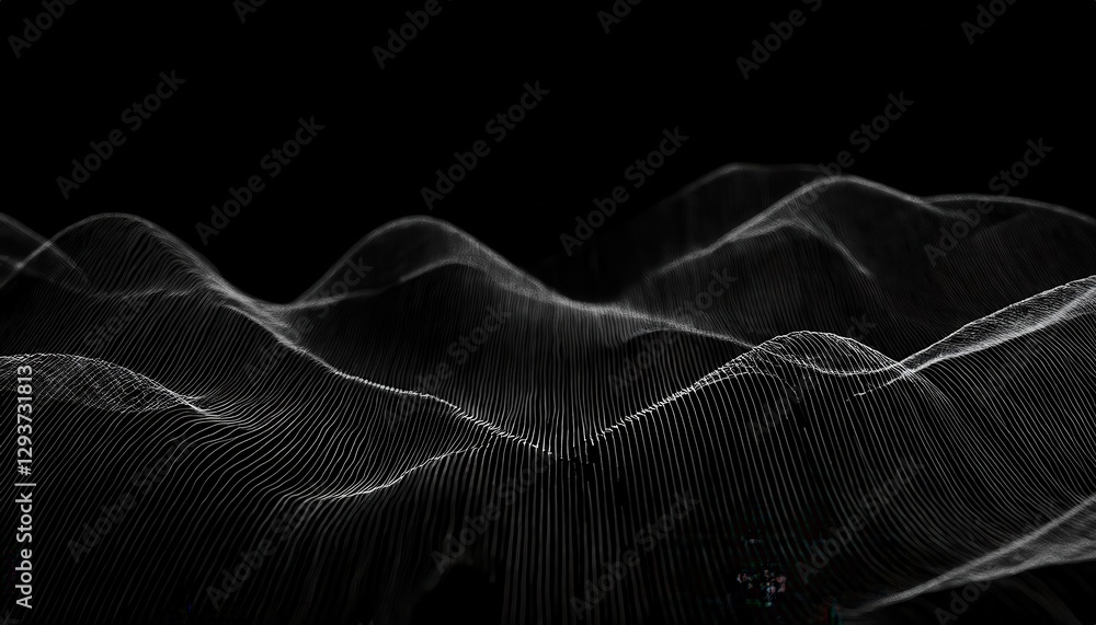 Poster abstract 3d grid network surface in black and white with connected nodes, visualizing data flow and technology