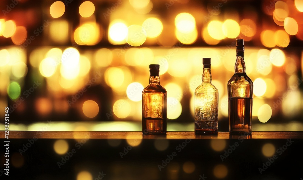 Poster blurred bar interior with bottles and glasses on the counter. abstract background of blurry light sp