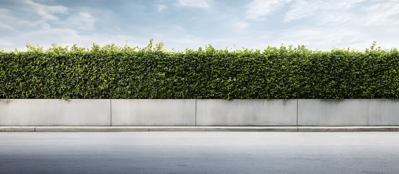 A long concrete wall with a hedge on top, next to a cement sidewalk and an asphalt street, creates a background suitable for a copy space image.