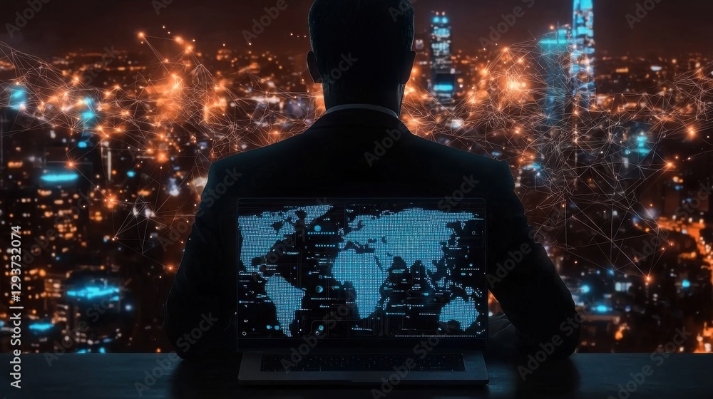 Poster silhouetted skyline of an illuminated cityscape with glowing skyscrapers and a world map data visual