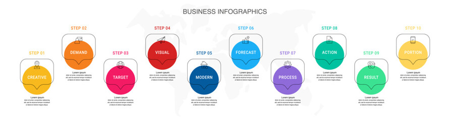 Modern Business Infographic with Speech Bubble Circles – 10 Steps Process, Workflow Chart, Timeline Template