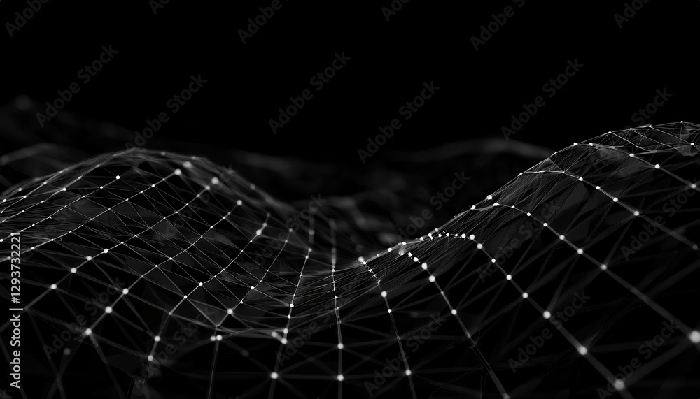 Aufkleber abstract 3d grid network surface in black and white with connected nodes, visualizing data flow and technology