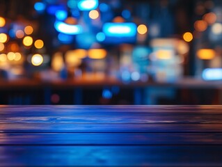 Empty wooden table top with a blurred background of a modern bar interior design and blue neon light in a night club for product display, a background banner mockup template.