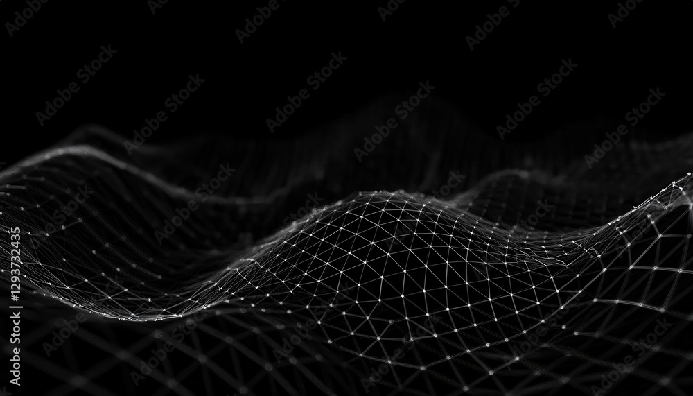 Aufkleber abstract 3d grid network surface in black and white with connected nodes, visualizing data flow and technology