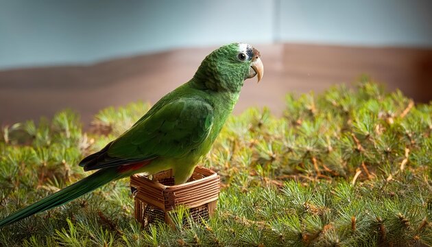 Maritaca, Brazilian Parrot in Vibrant Amazon Rainforest, Perched on a Lush Green Branch against a Backdrop of Tropical Flora and Exotic Fauna, Radiating a Sense of Tropical Serenity