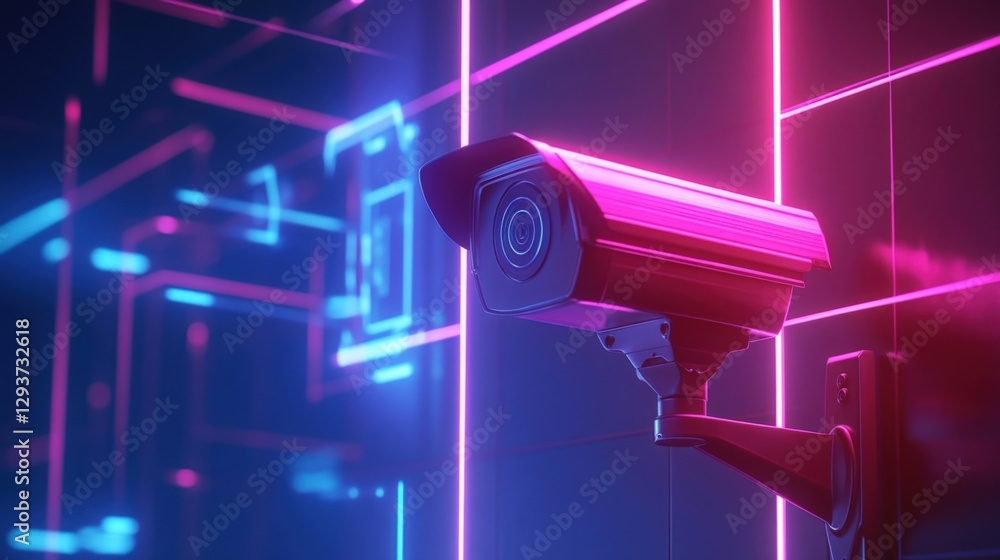 Poster an intense closeup of a security camera integrated with an augmented reality system showcasing a hol