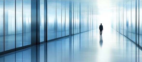 Fototapeta premium Man walking modern glass corridor, bright light ahead, blurred figures background, corporate success