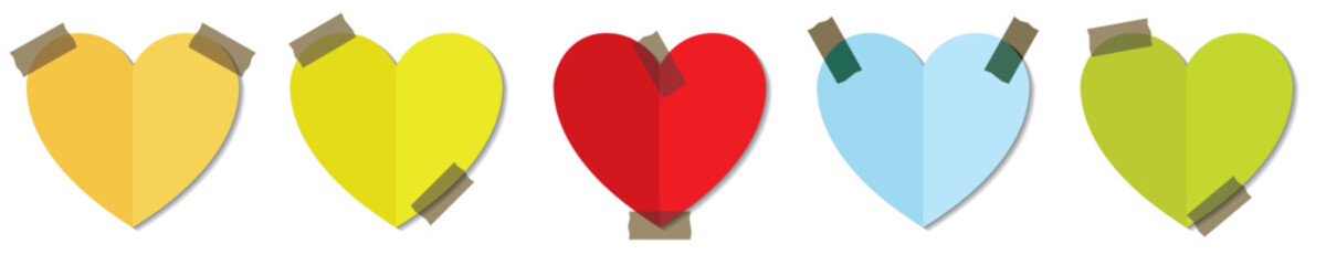 Taped heart sticky notes. Colorful paper memo collection with adhesive tape.