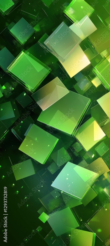 Poster abstract green cubes floating and glowing in digital space