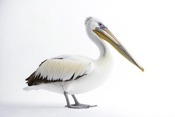 Obraz premium A single white pelican stands on a white surface, possibly a snowy or sandy beach