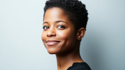 Radiant African American woman exudes joy, embodying confidence and warmth in a serene moment.
