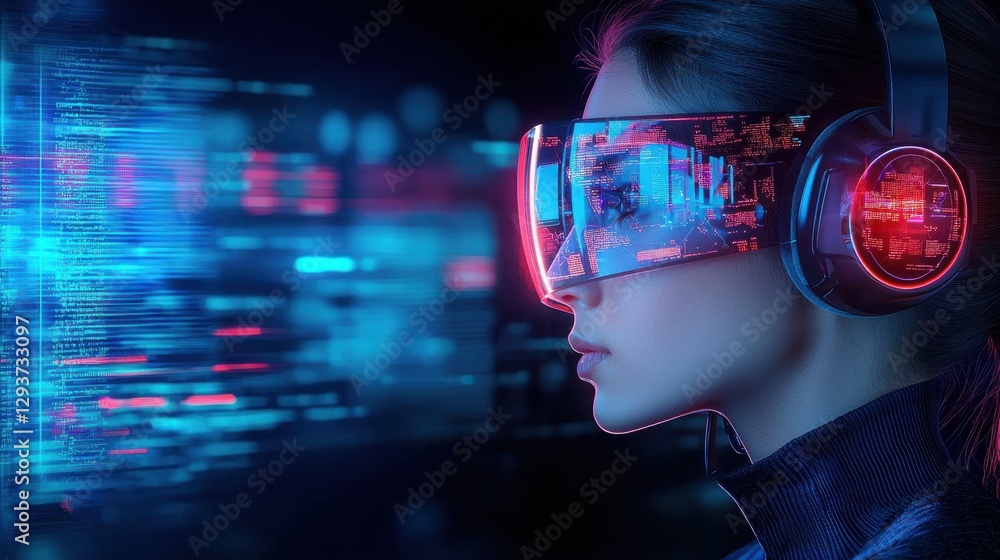 Poster immersive image of a person s face wearing a futuristic virtual reality headset or helmet with glowi
