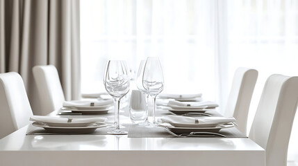 A table with a white tablecloth and a set of wine glasses and plates