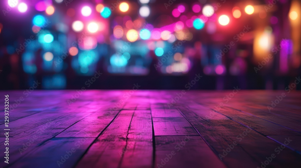 Poster blurred background of an empty table in the foreground, blurred background of a nightclub with neon 