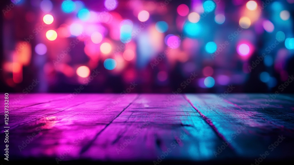 Poster blurred background of an empty table in the foreground, blurred background of a nightclub with neon 