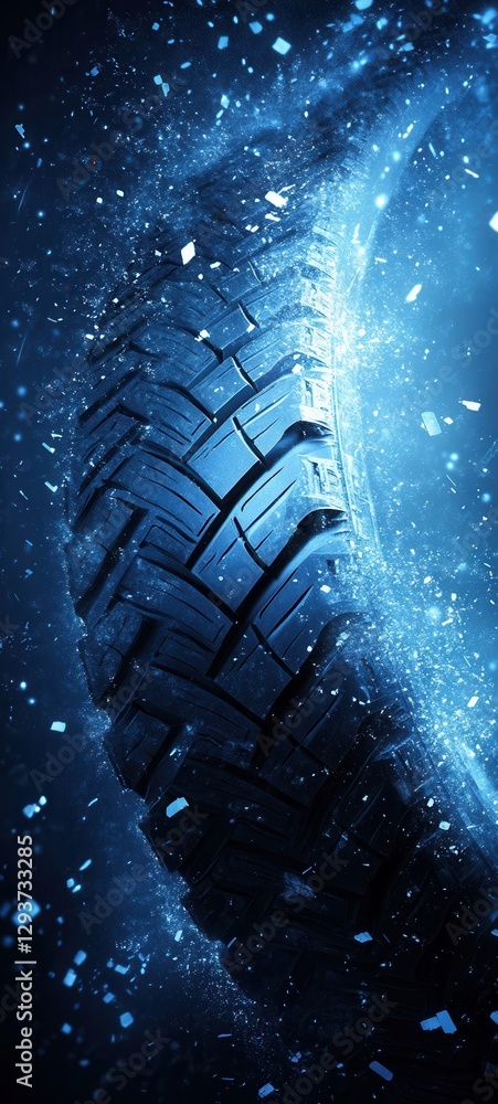 Poster tire exploding in a cloud of ice particles and blue light