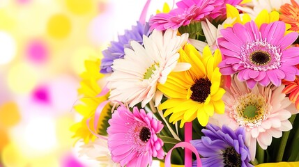 Fototapeta premium Vibrant Birthday Bouquet with Fresh Flowers, Joyful Floral Arrangement for Celebrations, Party Decorations, Festive Greeting Card Background