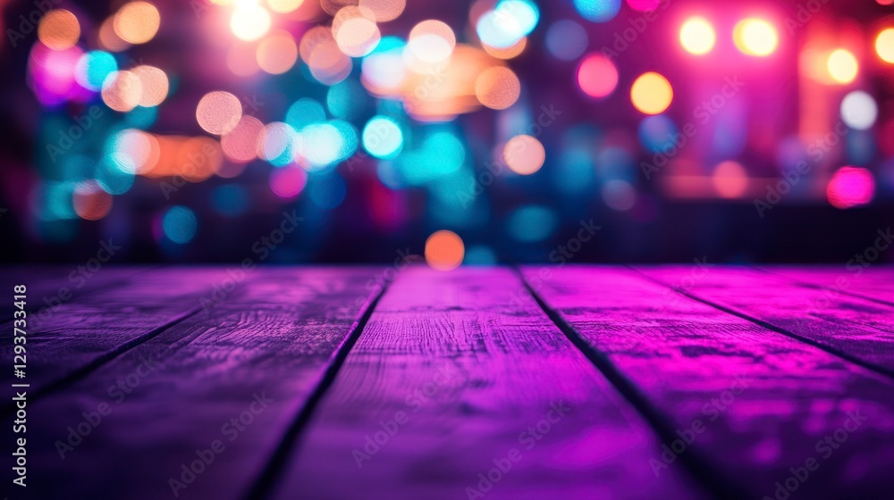 Poster blurred background of an empty table in the foreground, blurred background of a nightclub with neon 