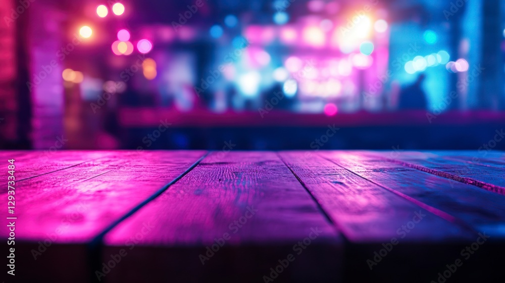 Poster blurred background of an empty table in the foreground, blurred background of a nightclub with neon 