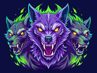 vector of  Three headed wolf with glowing green eyes and purple fur. Dark background, scary and threatening
