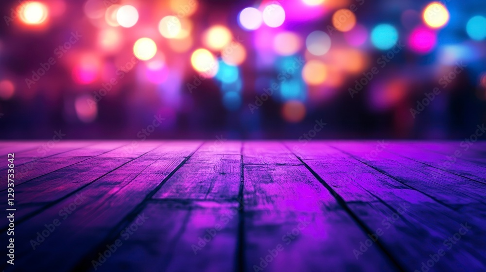 Poster blurred background of an empty table in the foreground, blurred background of a nightclub with neon 