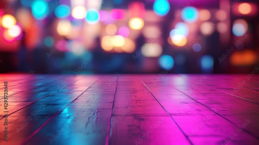 Poster blurred background of an empty table in the foreground, blurred background of a nightclub with neon 