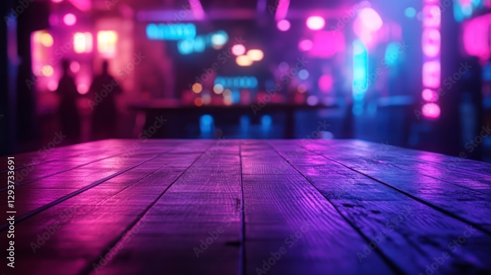 Poster blurred background of an empty table in the foreground, blurred background of a nightclub with neon 