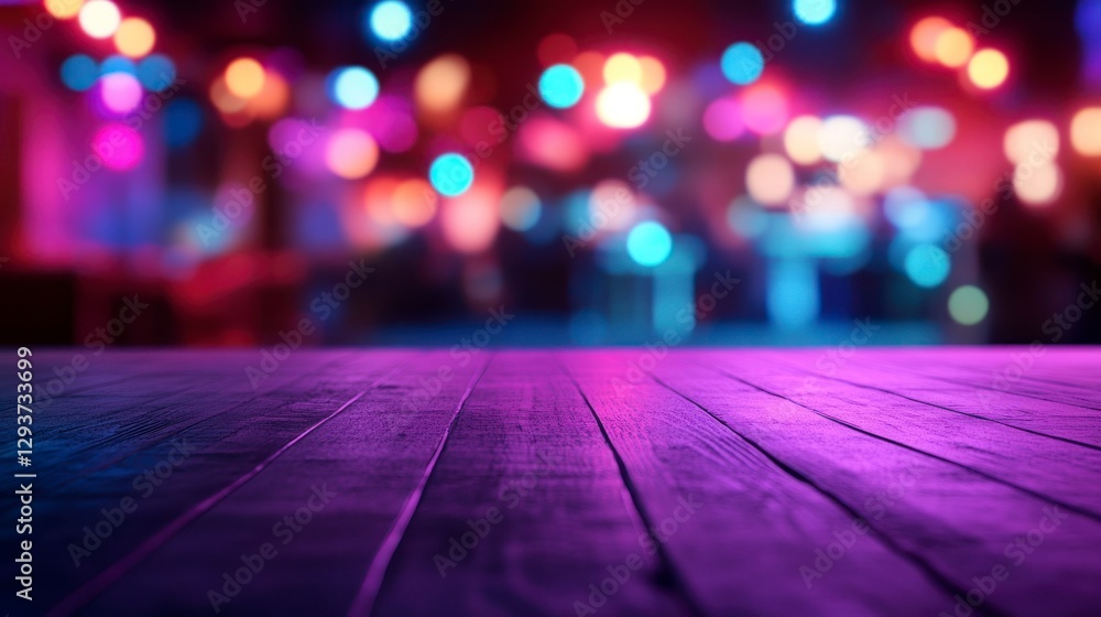 Poster blurred background of an empty table in the foreground, blurred background of a nightclub with neon 