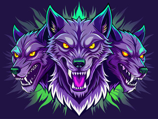 vector of  Three headed wolf with glowing green eyes and purple fur. Dark background, scary and threatening