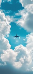 Airplane flying high in majestic blue sky with white clouds