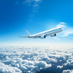 Fototapeta premium An aeroplane is soaring over clouds in a blue sky as part of a travel background. An aeroplane in flight with a blank livery