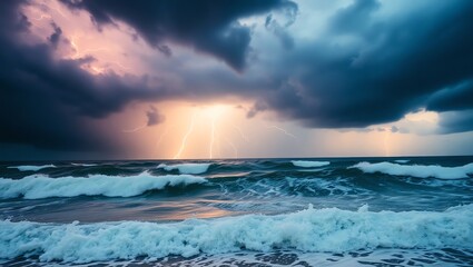 Obraz premium Dark Storm Clouds with Lightning Over the Ocean