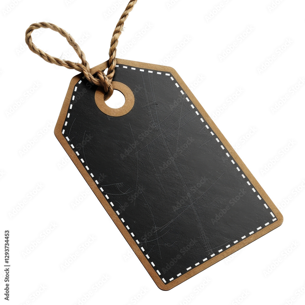 Poster blank black price tag with twine string on isolated background for labeling products and gifts, temp