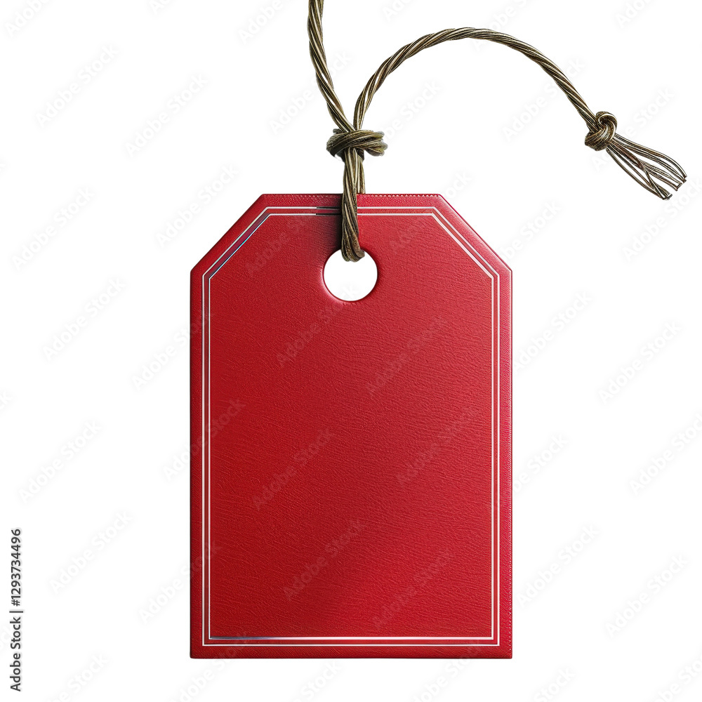 Poster bright red price tag with string attached for sales and discounts on merchandise and retail items