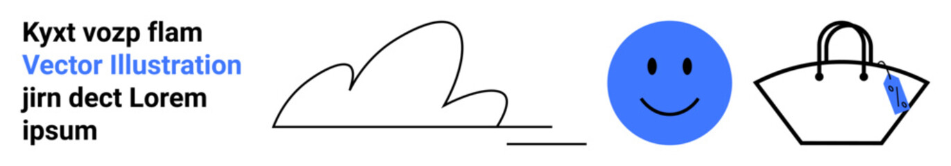 Simplistic cloud outline, blue happy face, and handbag with a tag. Ideal for minimalism, design, fashion, emotions, branding, web graphics and flat landing page banner