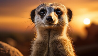 Desert Dweller A Meerkat Pose, Silhouetted against the Striking Red and Orange Sand Dunes of the Kalahari Desert, Caught in a Moment of Vigilance.