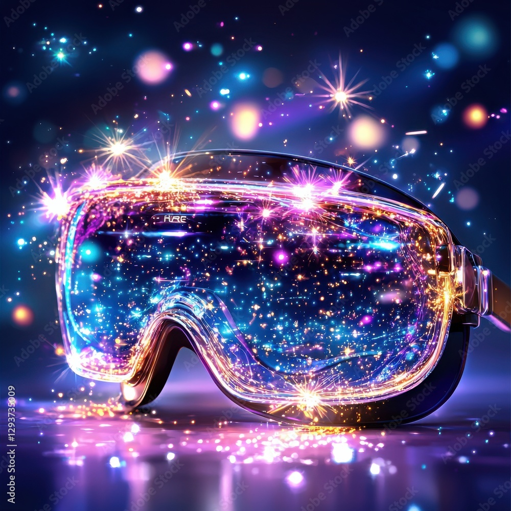 Poster mesmerizing holographic ski or snowboarding goggles glowing with captivating celestial energies swir