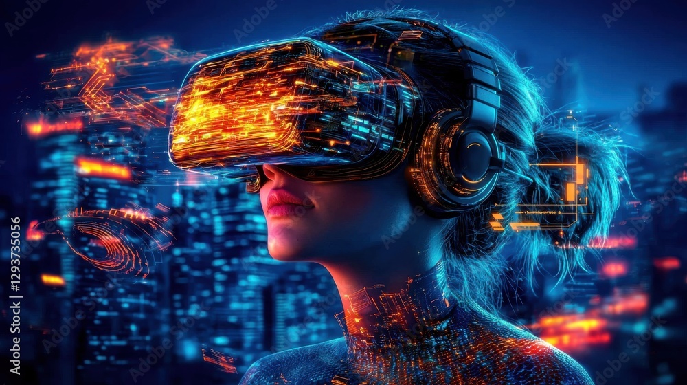 Aufkleber immersive virtual reality experience with a futuristic head mounted display against a dynamic blurre