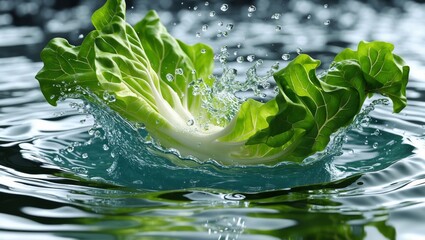 Fresh vibrant lettuce plunges into clear water causing a splash