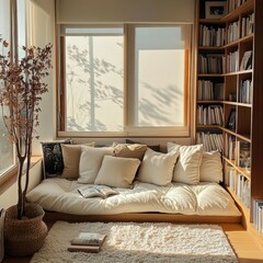 Warm afternoon sunlight illuminates an inviting sunroom reading nook setup