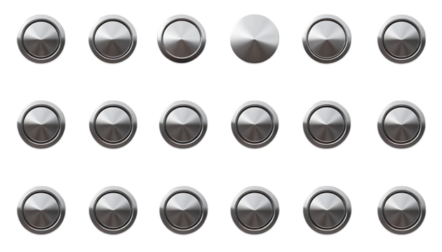 A set of metal chrome circle buttons is presented - Powered by Adobe