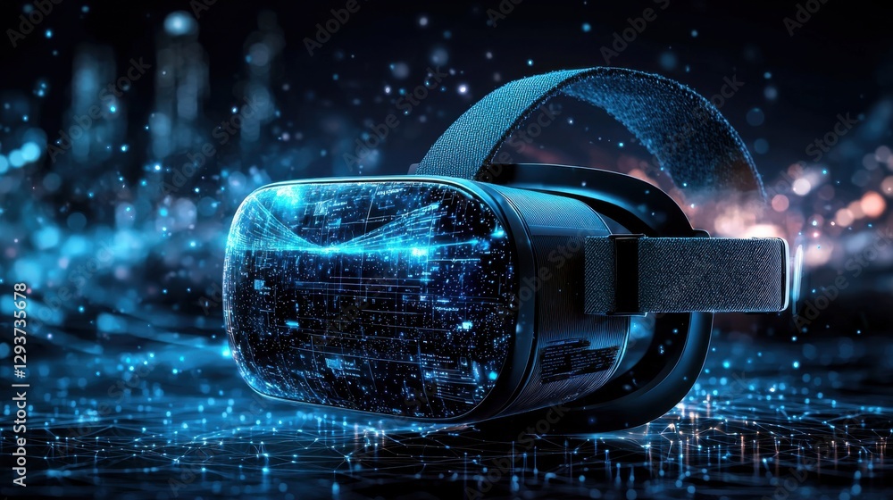 Poster futuristic virtual reality headset immersed in a glowing digital cyberspace backdrop with neon light